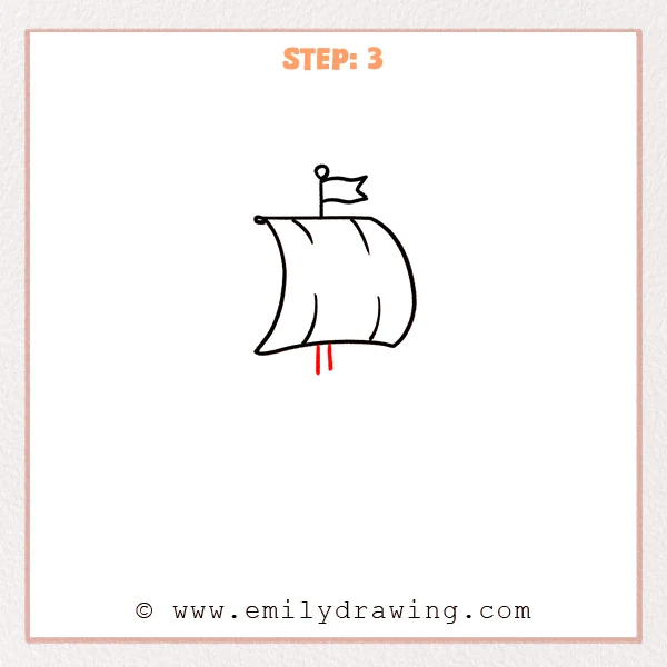 how to draw a cartoon boat - A cartoon boat drawing with a large sail and two short vertical lines added below the sail to suggest a mast connection.